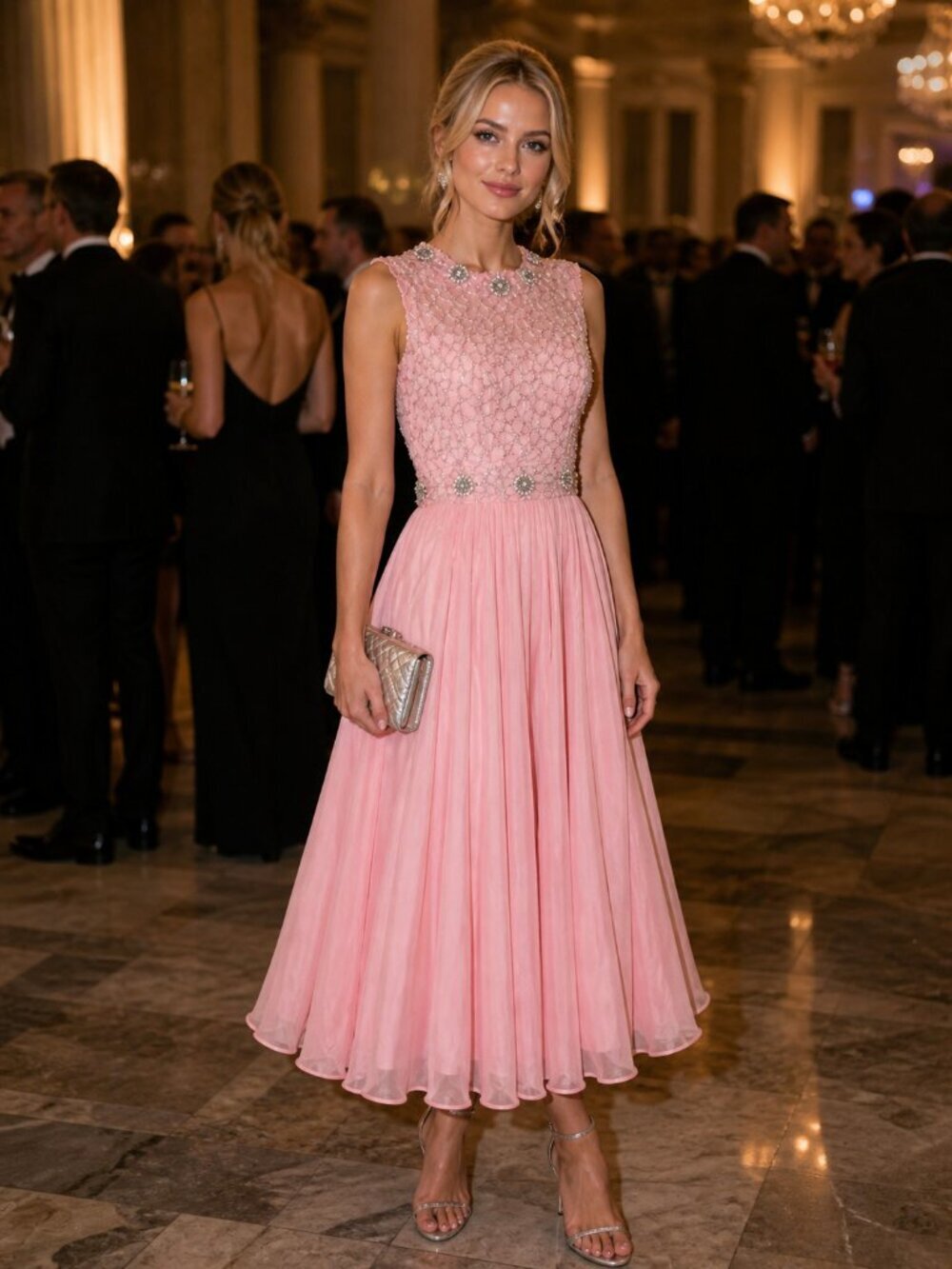 Vintage 60s Barbie Pink Beaded Fit and Flare Midi Cocktail Dress S